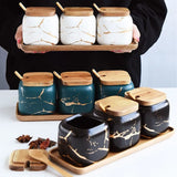 Popxstar  Creative Nordic Style Marble Pattern Ceramic Kitchen Seasoning Tank Set Wooden Cover Salt Shaker Spice Jar Kitchen Accessories