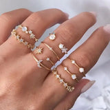 Popxstar Bohemian Butterfly Pearl Rings Set for Women Shine Pearl Gothic Vintage Plated Retro Rhinestone Simple Finger Jewelry Gift