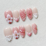 24pcs Pink Spring Summer Nail Art French Edge Fake Nails Sweet Pearl Star Shell False Nails 3D Flower Press on Nails Almond Nail
