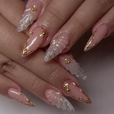 Popxstar 24pcs White Flower Fake Nail Tips Ins Yellow Pink Blush False Nails Wearable Full Cover European Almond Shaped Press on Nails