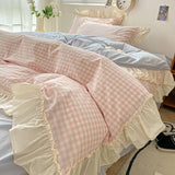 Popxstar Korean Princess Style Bedding Set Soft Skin-friendly Lattice Lace Ruffles Quilt Cover Plaid Style Duvet Covers Set Pillowcases