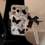 Popxstar Holographic Black Butterfly Phone Case with Lanyard for iPhone 15 PRO MAX  PLUS 14 13 12 Reflective Fashionable Phone Cover