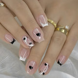 Popxstar 24Pcs Short Ballet False Nails with Bow Design White French Press on Nails Wearable Square Head Full Cover Fake Nail Manicure