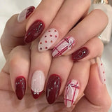 Popxstar  24pcs Love Bow Design Press on Nails Sweet Red Long Almond Fake Nails Tips Reusable Simple Star Valentine's Day False Nail Sets