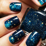 popxstar Shiny Blue Fake Nails 24Pcs Short Square Press On Nails Sparkly Gold Star Designs Reusable Acrylic False Nails Tips for Woman