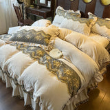 Popxstar  European Luxury Lace Embroidery Crystal Velvet Bedding Sets Duvet Cover Ruffles Quilted Bed Skirt Bedspread Pillowcases 4Pcs
