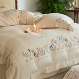 Popxstar  Natural Cotton Linen Vintage French Flowers Embroidery Luxury Bedding Set Duvet Cover Flat/Fitted Bed Sheet Pillowcases 4Pcs