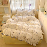 Popxstar  New cream lace girl powder grid Korean version bed four-piece set washed cotton double-layer yarn quilt cover dormitory