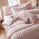 4Pcs Washed Microfiber Vertical striped colorful Bedding Set, Sweet Style Soft Duvet Cover with Zipper Flat Sheet Pillowcases