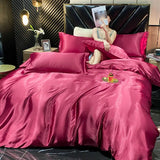 popxstar Solid Rayon Silk Bedding Set with Duvet Cover Bed Sheet Pillowcases Luxury King Single Double Couple Satin Pillow Case Bedsheet