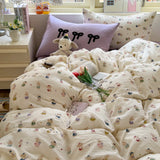 Popxstar  Cartoon Bedding Set Ins Korean Towel Embroidery Bed Linen Flat Sheets Set 2 Pillowcases Twin Double Queen Size Duvet Cover Set