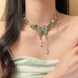 Popxstar  Y2K Hot Girl Green Butterfly Necklace Imitation Crystal Beaded Tassel Collarbone Chain Exquisite Fashionable Neckband Girls Gift