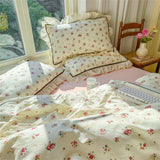 Popxstar Bedding Set Cotton Printing Korean Style Lace Models Four-piece Bed Sheet Set Duvet Cover Pillowcase Home Textiles
