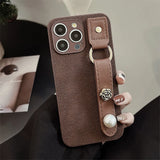 Popxstar Luxury Brown Leather Phone Case with Retro Wristlet for iPhone 15 Pro Max 14 11 12 13 XS X 7 8 Plus, Vintage Case for iPhone
