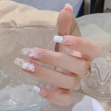 popxstar 24Pcs Mid-Length Fake Nails 3D Flower Pearl Designs Nude Pink Color Press on Nails Ballerina False Nails for Women DIY Manicure