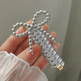 Popxstar Fashion Beaded Bow Telephone Wire Hairband Ponytail Braid Elastic Spiral Rubber Band Simple Hair Ties For Girls Hair Accessories