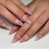 Popxstar 24Pcs Pink Almond False Nails Butterfly Ballet with French Design Wearable Fake Nails Simple Artificial Press on Nails Tips Art