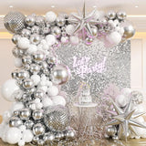 Popxstar Silver White Sequin Disco Balloon Garland Arch Kit 4D Silver Starburst Foil Balloons for Birthday Party Decorations Supplie