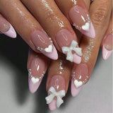 popxstar Pink French Style Fake Nails Almond Ballerina Press on Nails 3D Bowknot Designs Nude Color Stick-on False Nails Tips 24Pcs