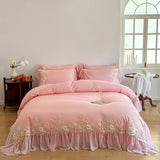 Popxstar  Elegant Lace Rose Embroidery Bedding Sets French Style Luxury 100% Cotton Pink Princess Ruffles Quilt Cover Bed Skirt Pillowcase
