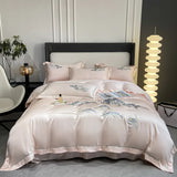 Popxstar  4Pcs New Chinese Style Landscape Embroidery Luxury Bedding Set Silky Duvet Cover Set Soft Quilt Cover Set Bed Sheet Pillowcases