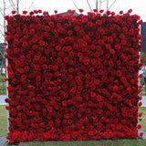 Popxstar 2.4m/8ft Flower Wall 5D Cheap Red Rose Artificial Burgundy Fabric Cloth Roll Up Floral Wall Wedding Party Curtain Backdrop Decor