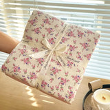 Popxstar  Ins floral print Bedding set knitted cotton Flat sheet set Four pieces duvet cover double layer-yarn 4Pcs lovely Fitted sheet
