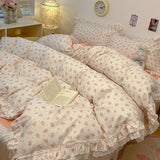 Popxstar  4Pcs Vintage French Fresh Floral Lace Ruffles 100% Cotton Bedding Set Duvet Cover Bed Skirt/Bed Sheet/Fitted Sheet Pillowcases
