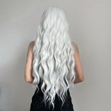 Popxstar Long Water Wave Wig with Bangs White Colorful Cosplay Silky Wig for Women Daily Party Natural Soft Synthetic Hair Heat Resistant