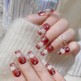 popxstar Long Ballet Press on Nails Red Rose Flower Designed Full Cover Fake Nails French Style Wearable False Nails Tips for Women