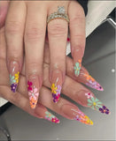 Popxstar 24Pcs Colorful Flower Nails Set Press on Wearable Fake Nail Almond Design Long Stiletto French False Nails Full Cover Manicure