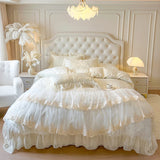 Popxstar  4/6Pcs Pink Butterfly Jacquard Three-layer Lace Ruffles Princess Wedding Bedding Set Duvet Cover Bed Skirt Bedspread Pillowcases