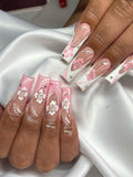 Popxstar 24 sweet cherry blossom red printed coffin full cover fake nails, French white, suitable for women's daily wear, 1 nail file and