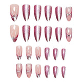 Popxstar  Pink Purple Almond French Fake Nails 24Pcs Glossy Cat's Eyes Press On Nails Bowknot Decor Reusable False Nails Art for Manicure