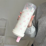 500/850ML Pink Bow Straw Water Bottle With Lid Cute Coffee Bubble Milk Tea Plastic Cup For Outdoor School Drinking Water Bottles