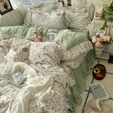 Popxstar 3/4Pcs Korean Princess Style Floral Ruffles Bedding Set Skin-friendly Soft Duvet Cover Set Bed Sheet Or Bed Skirt Pillowcases