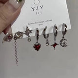 Popxstar Goth Trendy Red Crystal Star Earring Set For Women Men Vintage Aesthetic Heart Pentagram Pendant Earring Y2K Jewelry Accessories