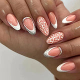 Popxstar 24Pcs Solid Color Grey Almond Fake Nail Cat's Eye Design Wearable Round Head False Nails with Shiny Powder Press on Nails
