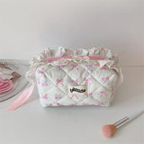 popxstar New Fashion Cherry Tote Women Makeup Bag Portable Cute Ladies Cosmetic Toiletry Storage Pouch Handbag Cotton Quilted Zipper Bag