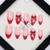 Popxstar  24PCS French Almond Fake Nails With Red Bow And White Pearl Design, Fully Covered Acrylic Fake Nails For Women