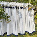 Popxstar Blue Striped Cotton Linen Texture Short Curtains Translucent Short Curtains With Hairball Tassels for Kitchen, Café, Restaurant