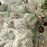 Popxstar 3/4Pcs Korean Princess Style Floral Ruffles Bedding Set Skin-friendly Soft Duvet Cover Set Bed Sheet Or Bed Skirt Pillowcases