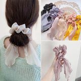 Popxstar New Headwear Women Fashion Hair Tie Korean Style Satin Pearl Bow Long Ribbon Female Sweet Cute and Hair Accessories