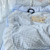 Popxstar Korean Princess Style Lattice Double Layer Lace Bedding Set Soft Quilt Cover Plaid Style Duvet Covers Set Bed Sheet Pillowcases