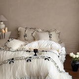 Popxstar  Romantic Lace Ruffles Bow Wedding Bedding Set 800TC Lyocell Silky Cooling Duvet Cover Flat/Fitted Bed Sheet Pillowcases 4Pcs