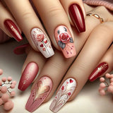 Popxstar 24pcs Ballet False Nails Simple Red Design Glitter Fake Nails Pearl Short Square Valentine’s Day Datachable Press on Nail Tips