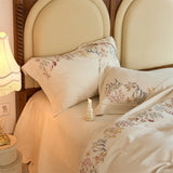 Popxstar  Natural Cotton Linen Vintage French Flowers Embroidery Luxury Bedding Set Duvet Cover Flat/Fitted Bed Sheet Pillowcases 4Pcs