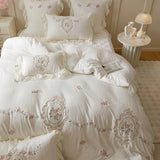 Popxstar  4Pcs Korean Princess Style Bedding Set Rose Flowers Embroidery French Lace Ruffles Milk Velvet Duvet Cover Bed Sheet Pillowcases