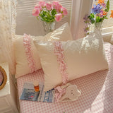 3/4Pcs Bedding Set French Princess Lace Sweet And Creamy Style Cotton Duvet Cover Pink Twice Bed Linen With Ruffles Pillowcase