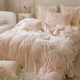Popxstar  4Pcs Korean Princess Style Bedding Set Rose Flowers Embroidery French Lace Ruffles Milk Velvet Duvet Cover Bed Sheet Pillowcases
